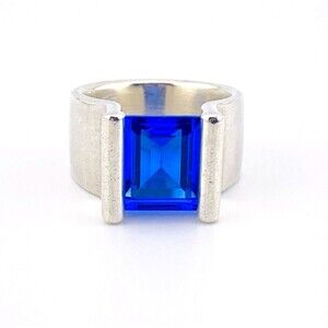 Massive Faceted Sapphire Blue CZ Sterling Ring Tension Set Stone by Quinn Sz 8.5